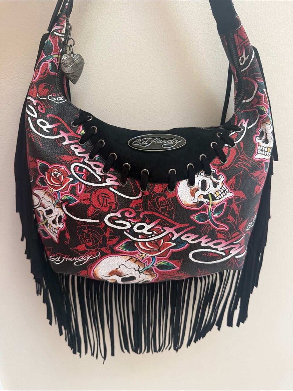 NWT Ed Hardy Skull & Rose Fringe Hobo
